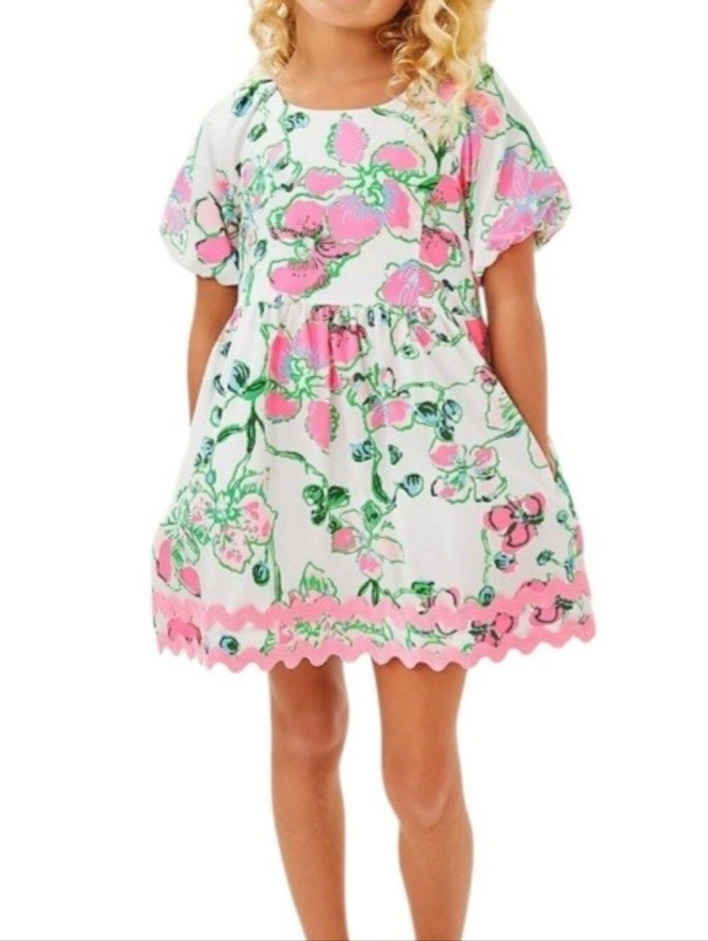 Lilly Pulitzer Mini Knoxlie Dress Oversized Orchids Pink Ric Rac Size 10 Girls
